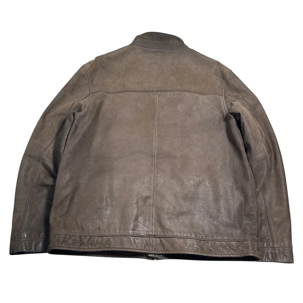 Tommy Hilfiger Mens Brown Leather Jacket Full Zip Mock Neck Coat Size Large